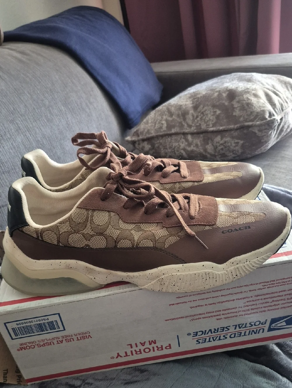 Coach Signature Runner Sneakers Men’s Size 13 Brown Leather And Tan Fabric - Picture 1 of 6
